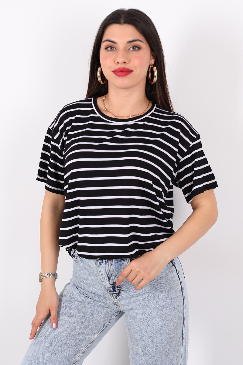 Çizgili Siyah Kadın Oversize T-Shirt - 3