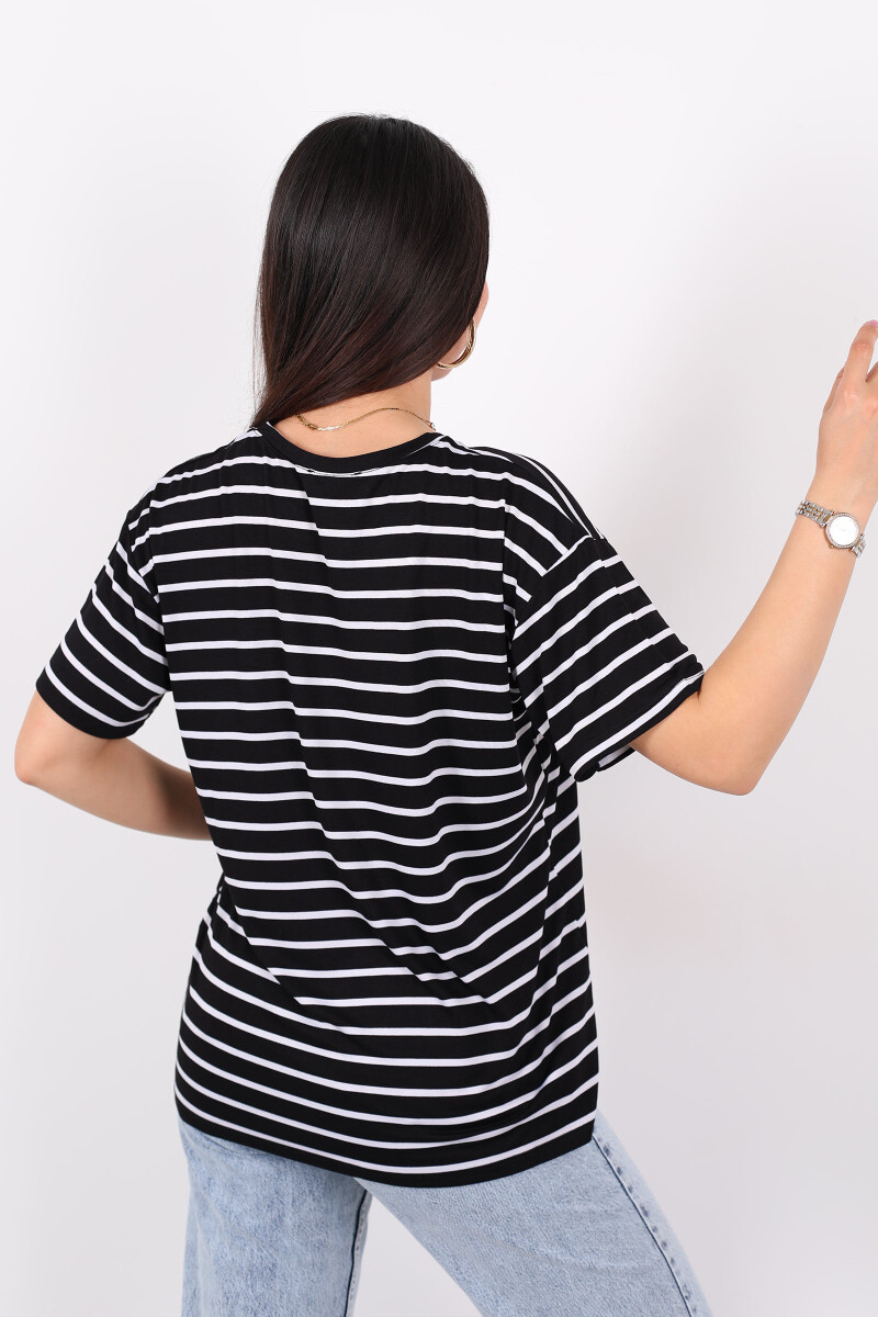 Çizgili Siyah Kadın Oversize T-Shirt - 4