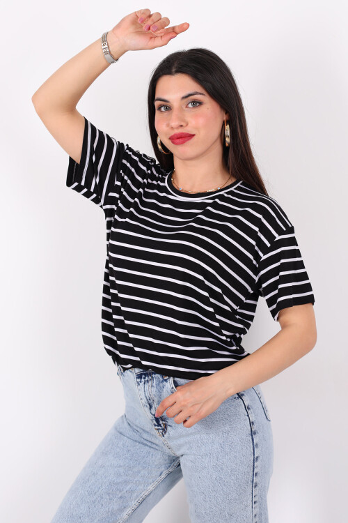 Çizgili Siyah Kadın Oversize T-Shirt - 1