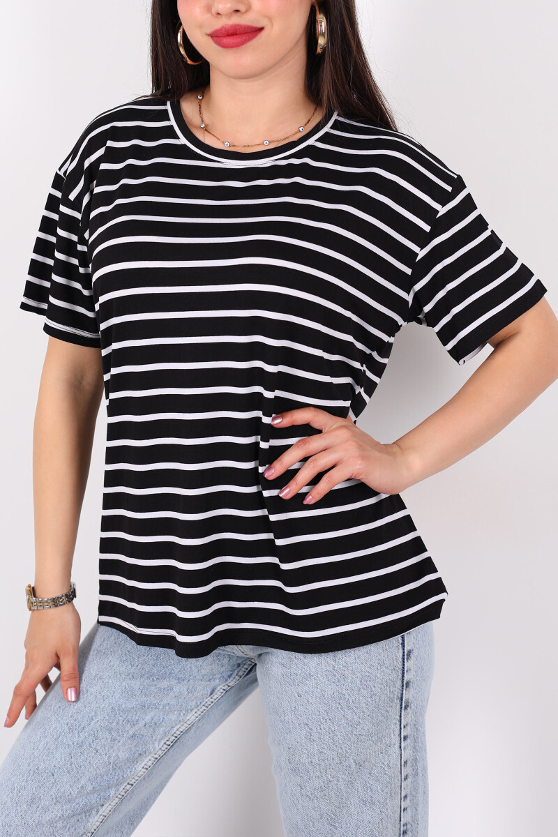 Çizgili Siyah Kadın Oversize T-Shirt - 2
