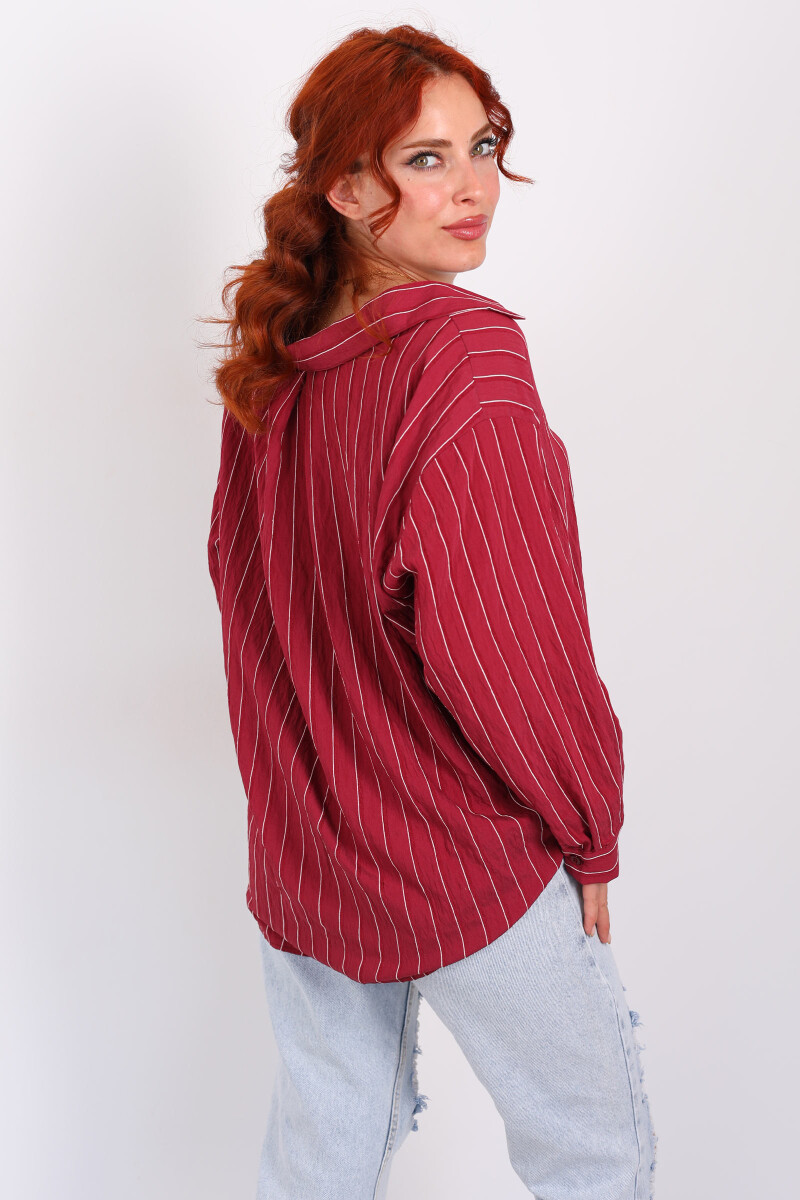 Çizgili Tek Cepli Oversize Bordo Kadın Gömlek - 5