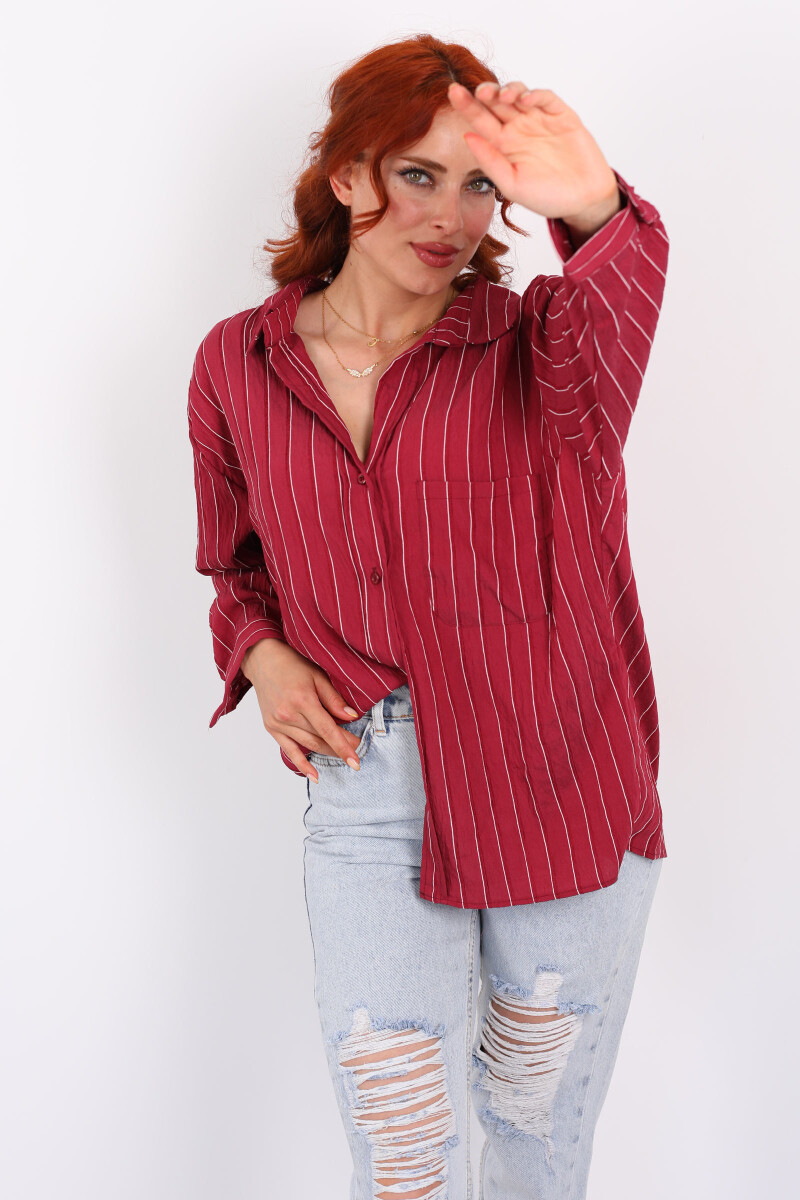 Çizgili Tek Cepli Oversize Bordo Kadın Gömlek - 3