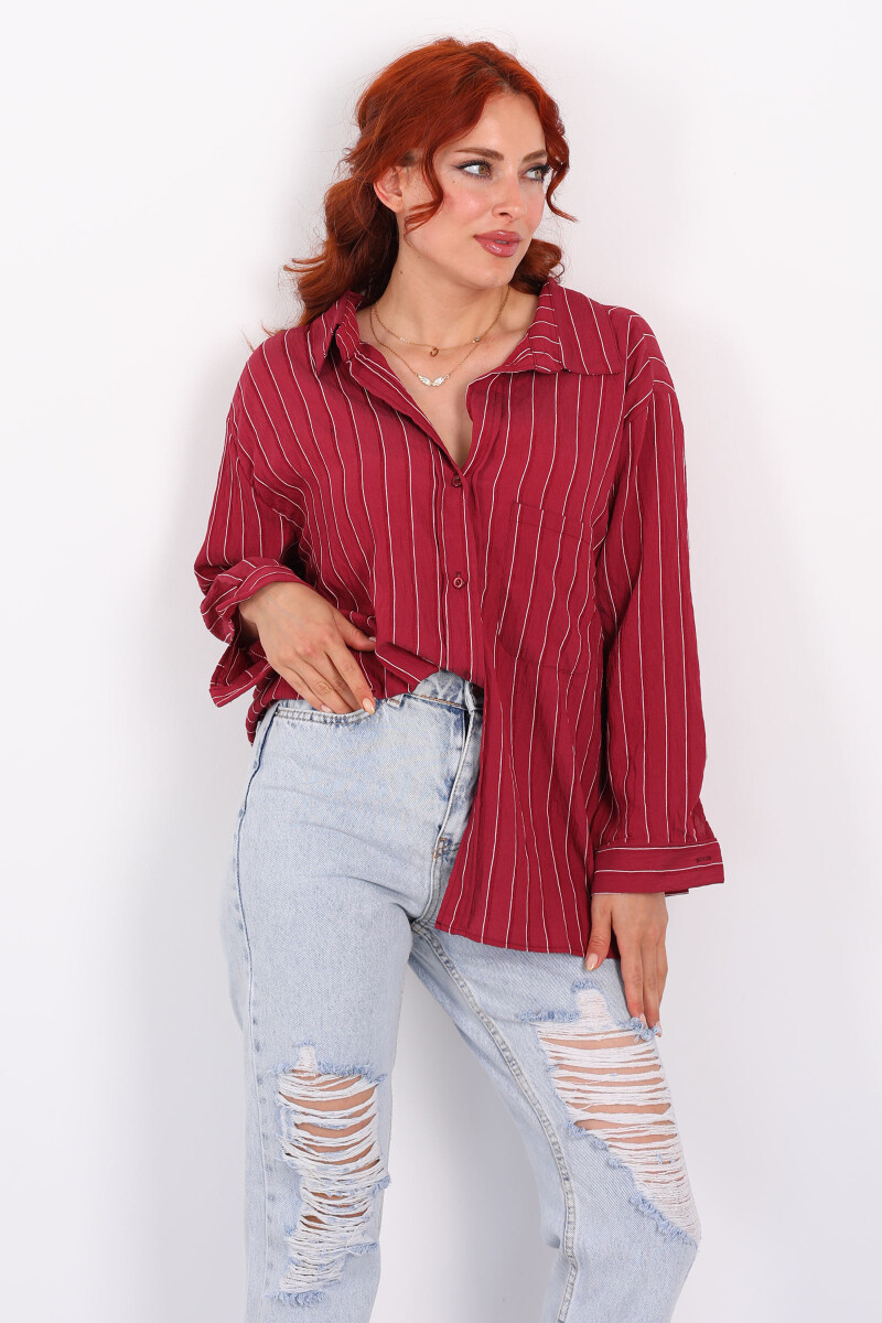 Çizgili Tek Cepli Oversize Bordo Kadın Gömlek - 1