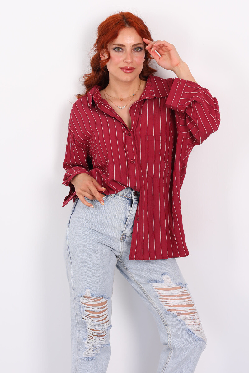 Çizgili Tek Cepli Oversize Bordo Kadın Gömlek - 4
