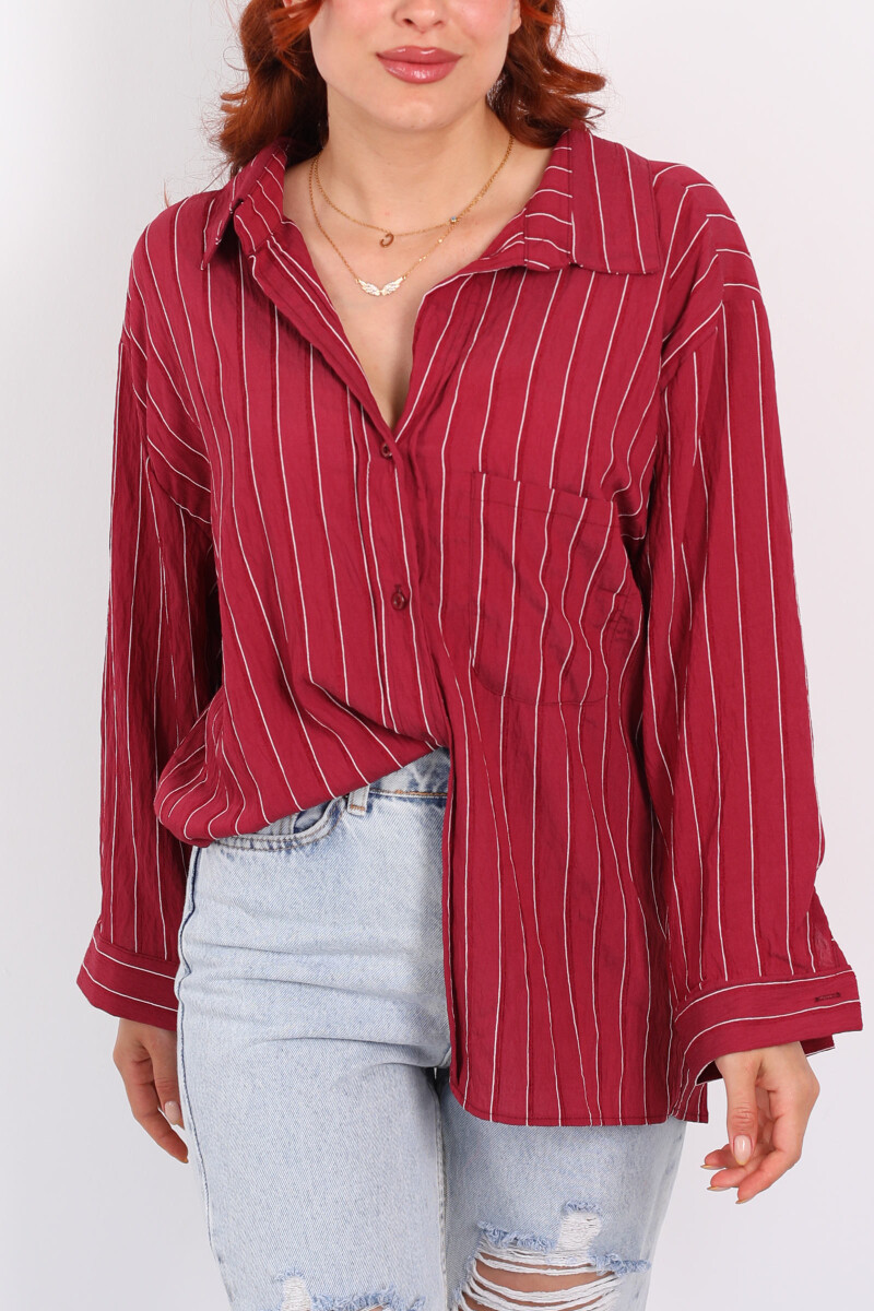 Çizgili Tek Cepli Oversize Bordo Kadın Gömlek - 2