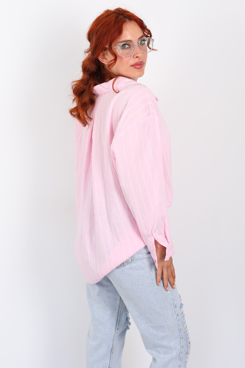 Çizgili Tek Cepli Oversize Pudra Pembe Kadın Gömlek - 4