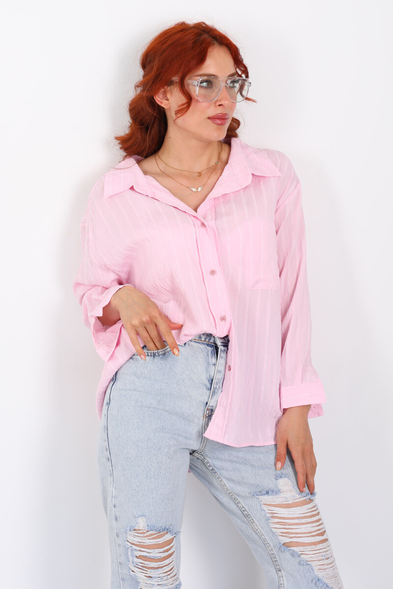 Çizgili Tek Cepli Oversize Pudra Pembe Kadın Gömlek - 1
