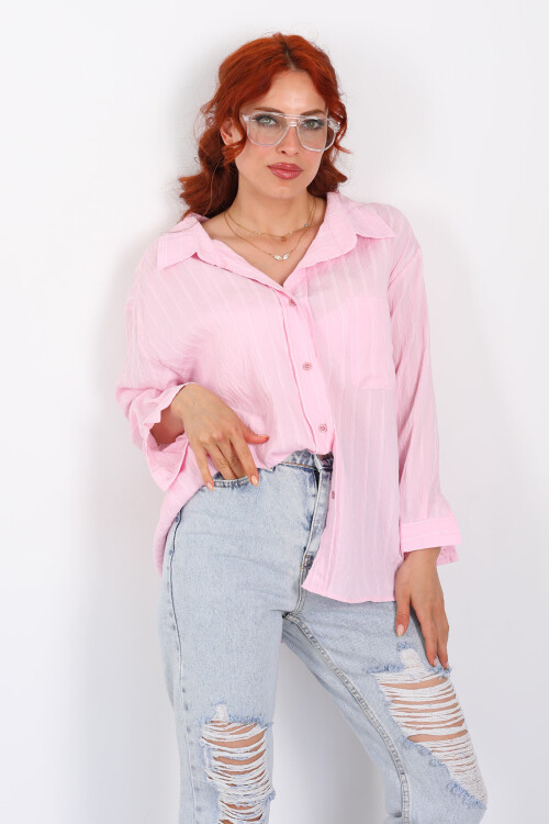 Çizgili Tek Cepli Oversize Pudra Pembe Kadın Gömlek - 3