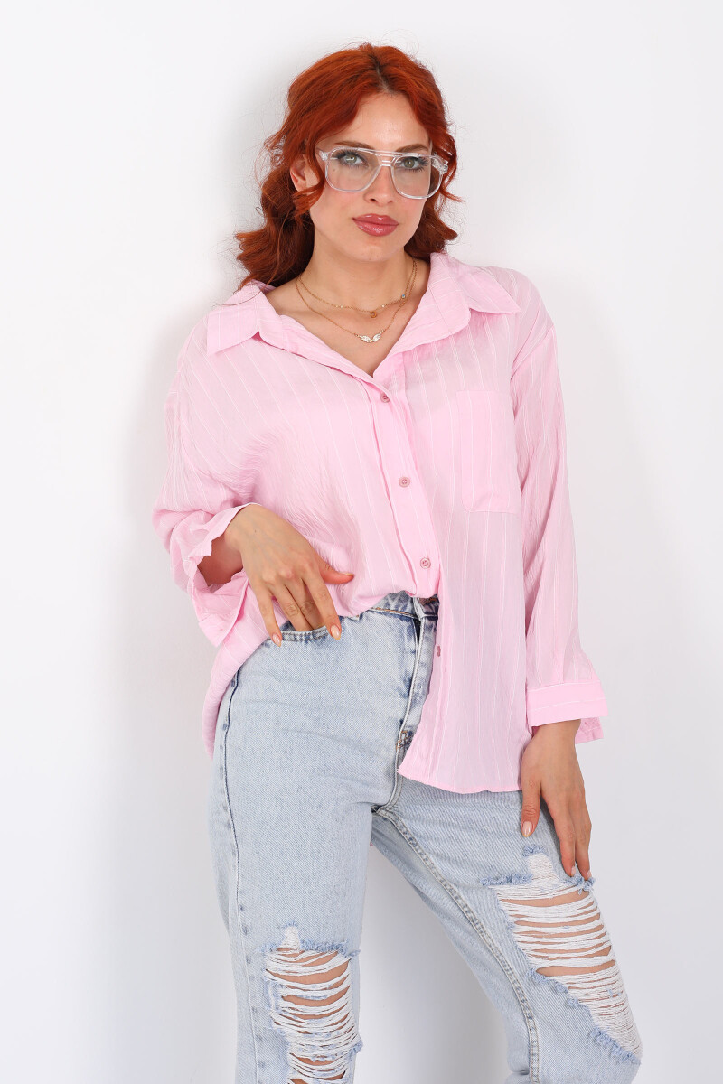 Çizgili Tek Cepli Oversize Pudra Pembe Kadın Gömlek - 3