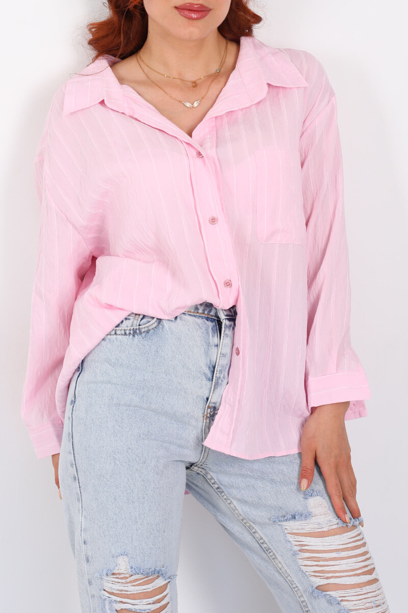 Çizgili Tek Cepli Oversize Pudra Pembe Kadın Gömlek - 2