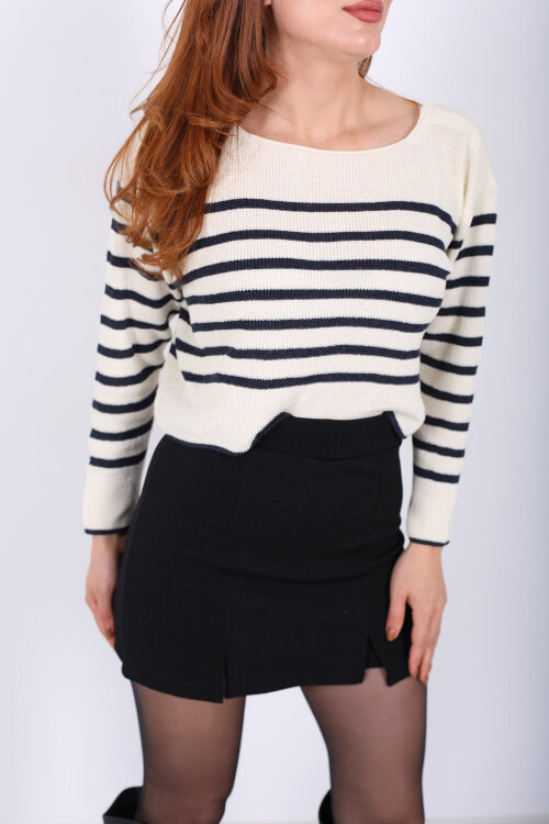 Çizgili Triko Krem Kadın Crop Kazak - 2