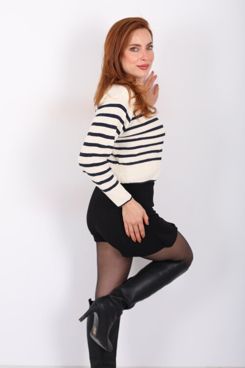 Çizgili Triko Krem Kadın Crop Kazak - 5