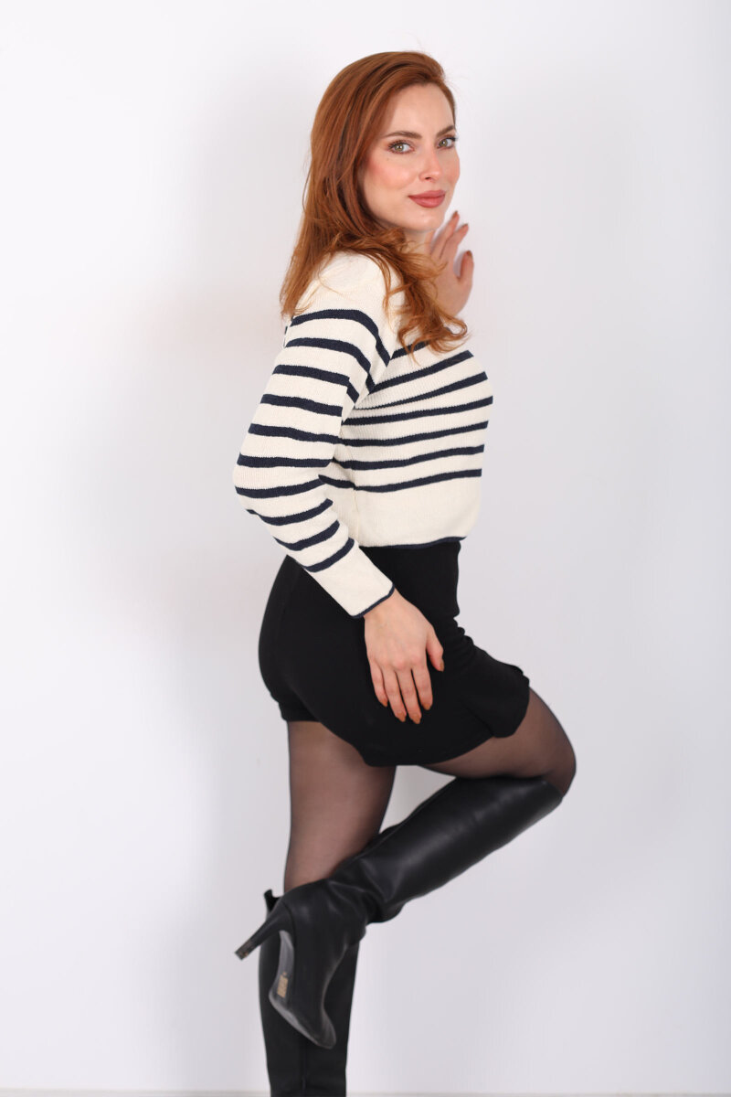 Çizgili Triko Krem Kadın Crop Kazak - 5