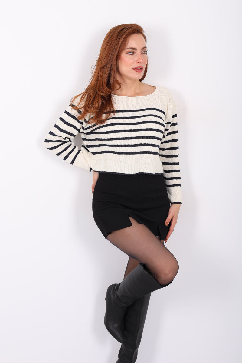 Çizgili Triko Krem Kadın Crop Kazak - 1