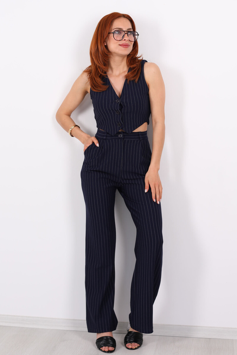 Çizgili Yelekli Kolsuz Crop - Pantolon Lacivert Kadın Takım - 5
