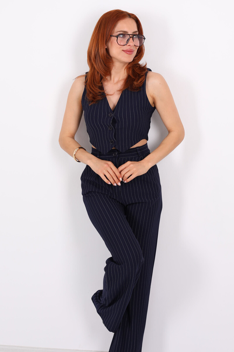 Çizgili Yelekli Kolsuz Crop - Pantolon Lacivert Kadın Takım - 1