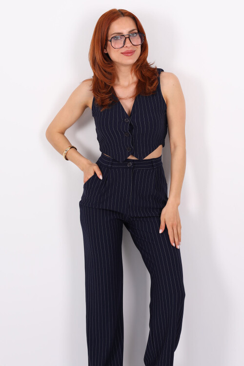 Çizgili Yelekli Kolsuz Crop - Pantolon Lacivert Kadın Takım - 3