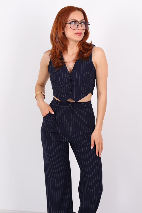 Çizgili Yelekli Kolsuz Crop - Pantolon Lacivert Kadın Takım - 6