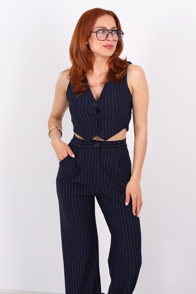 Çizgili Yelekli Kolsuz Crop - Pantolon Lacivert Kadın Takım - 6