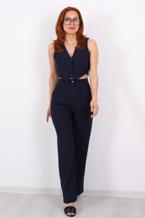 Çizgili Yelekli Kolsuz Crop - Pantolon Lacivert Kadın Takım - 4