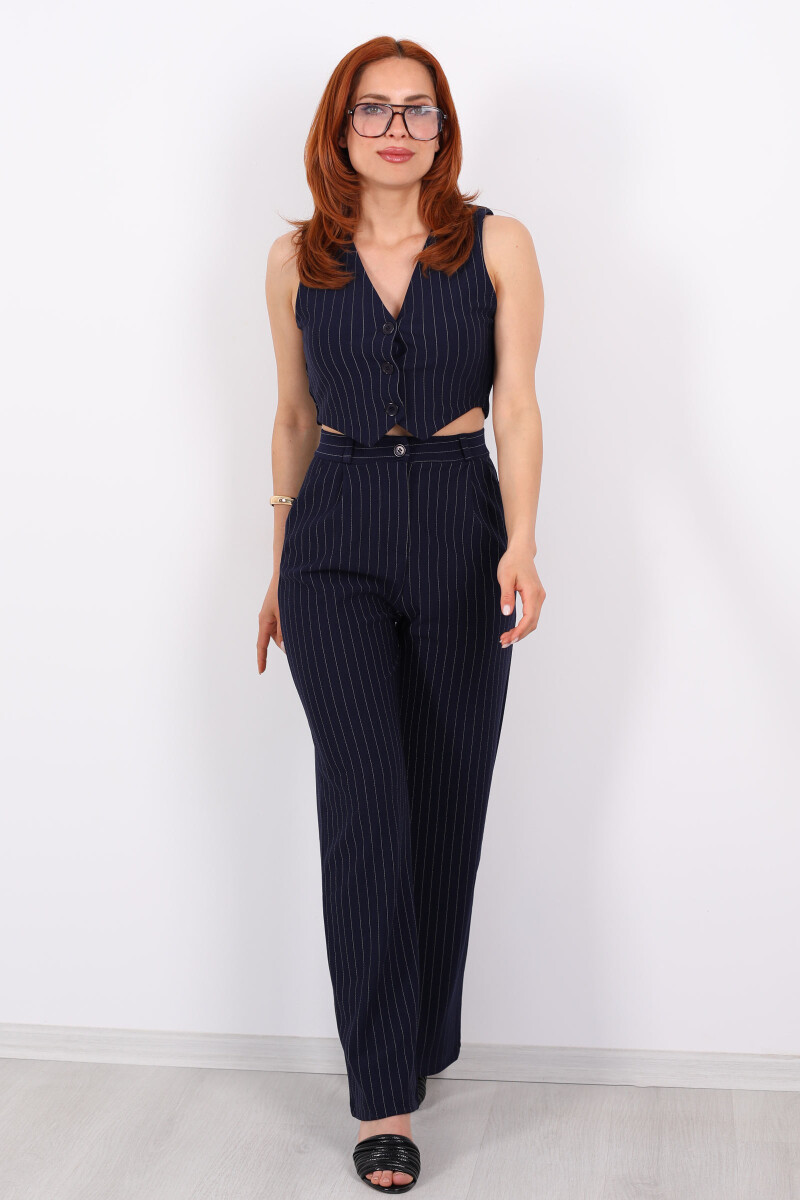 Çizgili Yelekli Kolsuz Crop - Pantolon Lacivert Kadın Takım - 4