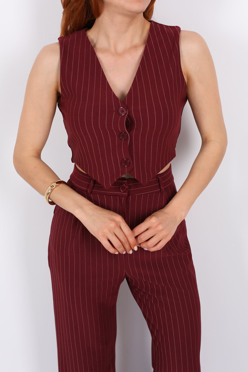 Çizgili Yelekli Kolsuz Crop - Pantolon Mürdüm Kadın Takım - 2