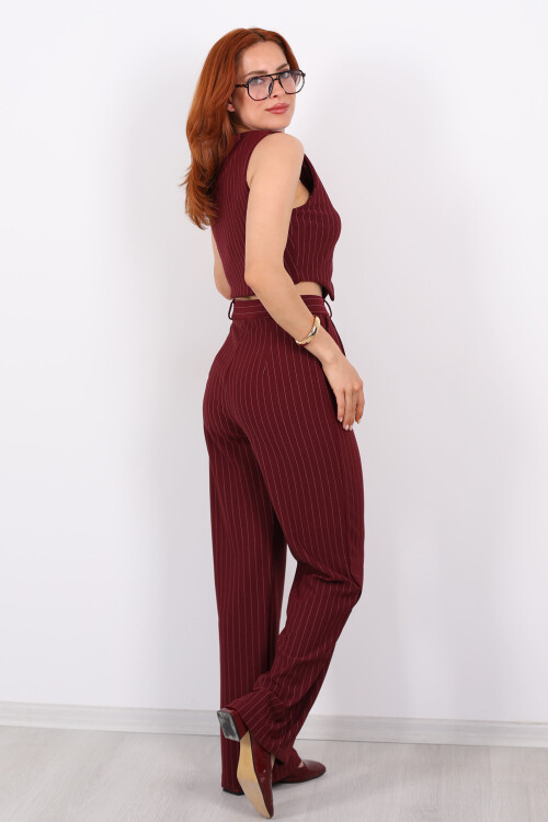 Çizgili Yelekli Kolsuz Crop - Pantolon Mürdüm Kadın Takım - 7