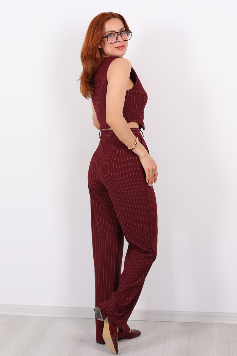 Çizgili Yelekli Kolsuz Crop - Pantolon Mürdüm Kadın Takım - 7
