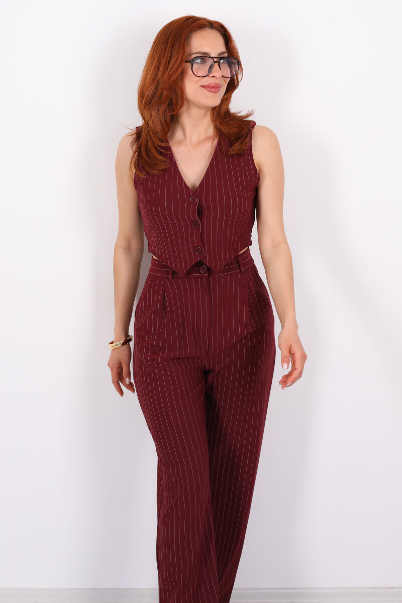 Çizgili Yelekli Kolsuz Crop - Pantolon Mürdüm Kadın Takım - 5