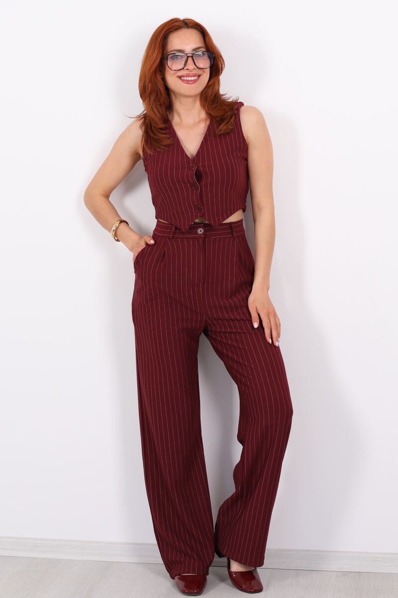 Çizgili Yelekli Kolsuz Crop - Pantolon Mürdüm Kadın Takım - 1