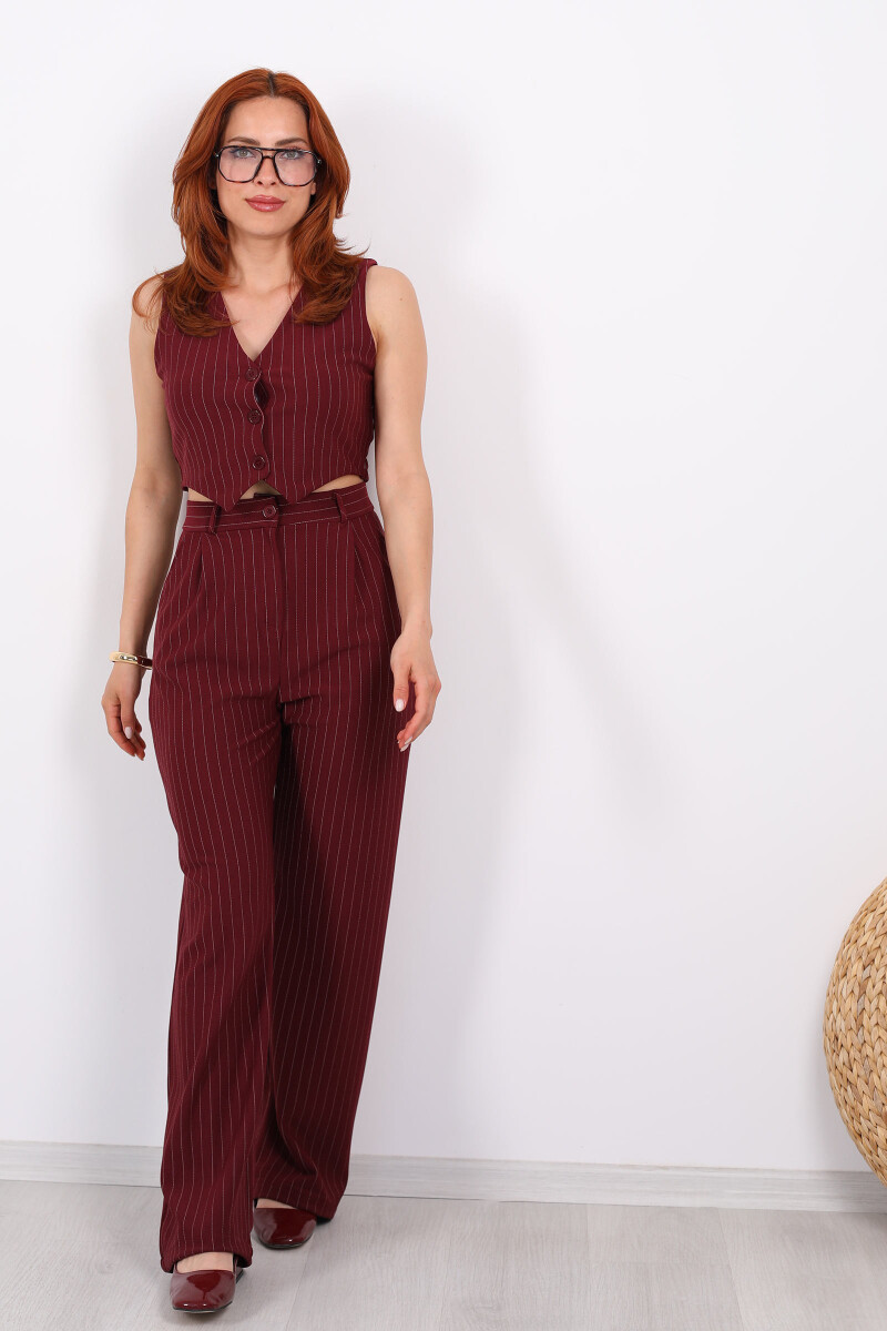 Çizgili Yelekli Kolsuz Crop - Pantolon Mürdüm Kadın Takım - 4