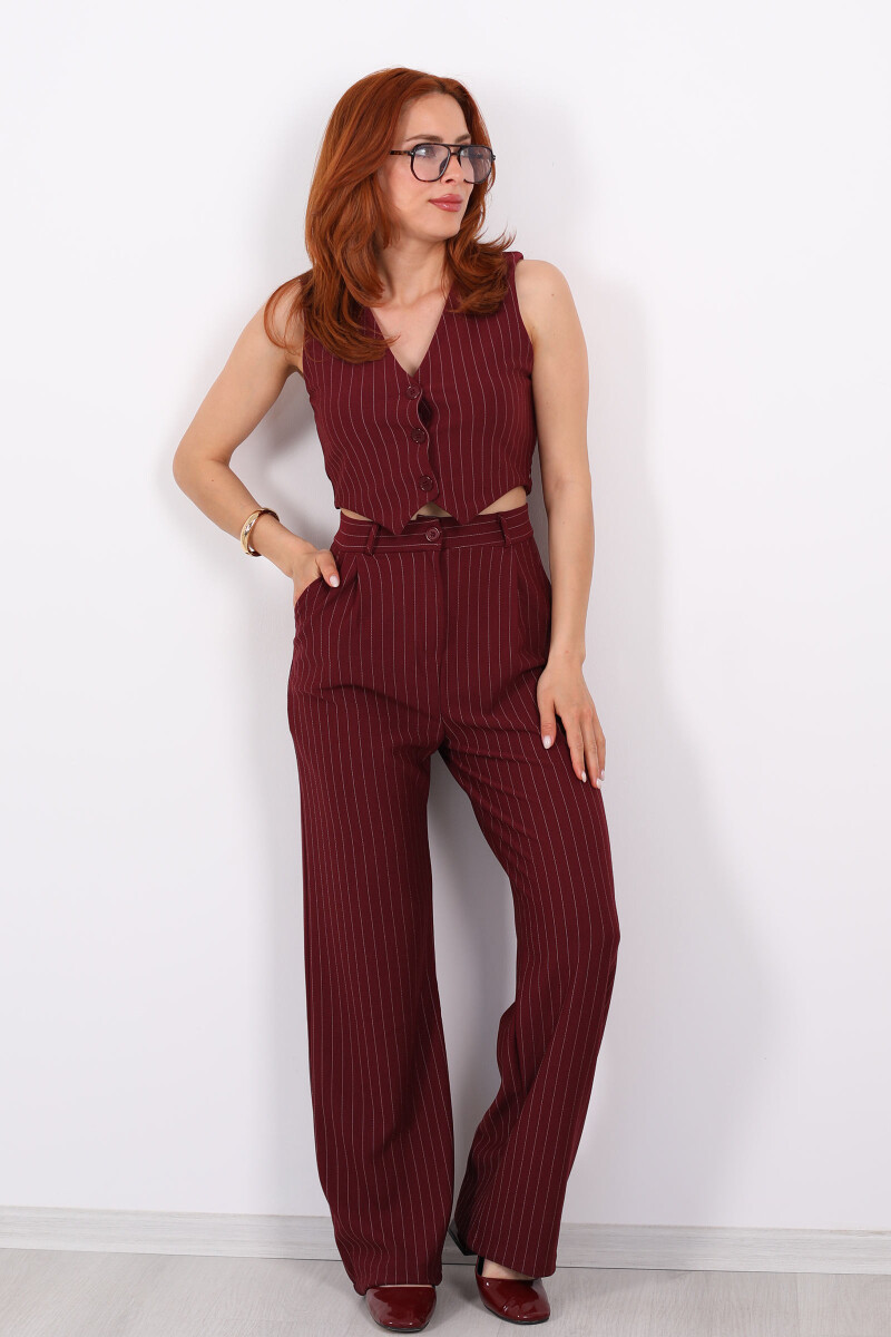Çizgili Yelekli Kolsuz Crop - Pantolon Mürdüm Kadın Takım - 6