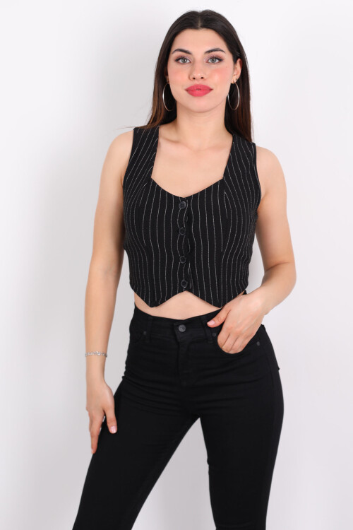 Çizgili Korse Siyah Kadın Crop Yelek - 1