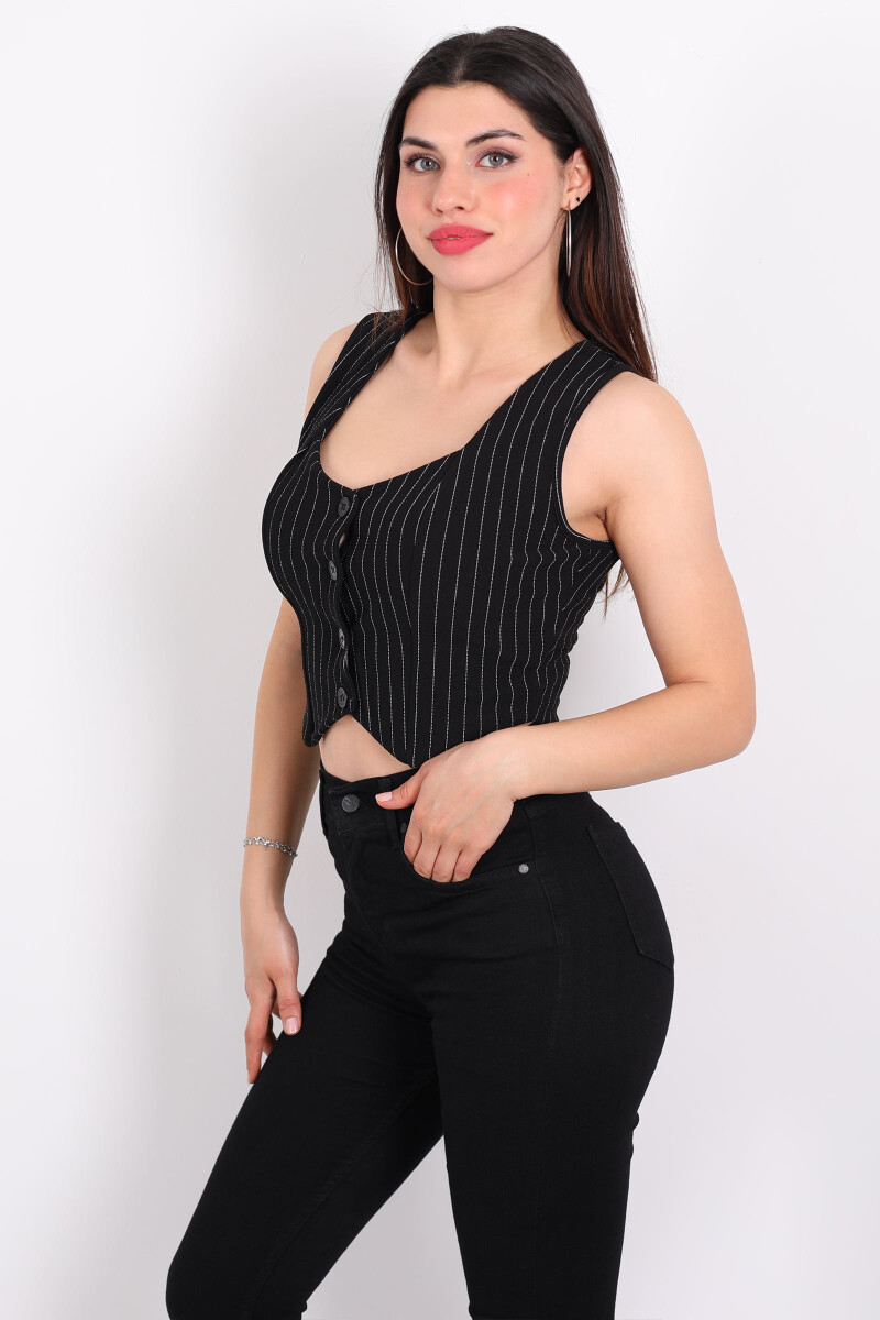 Çizgili Korse Siyah Kadın Crop Yelek - 4