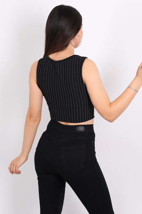 Çizgili Korse Siyah Kadın Crop Yelek - 2