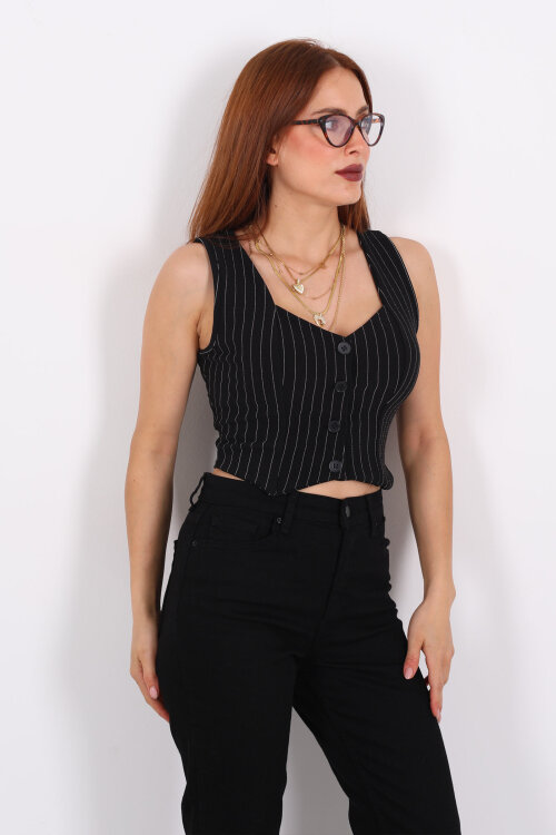Çizgili Korse Siyah Kadın Crop Yelek - 3