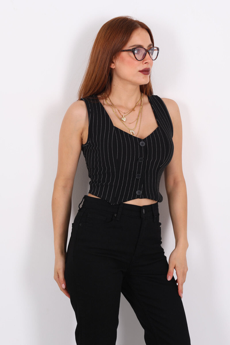 Çizgili Korse Siyah Kadın Crop Yelek - 3