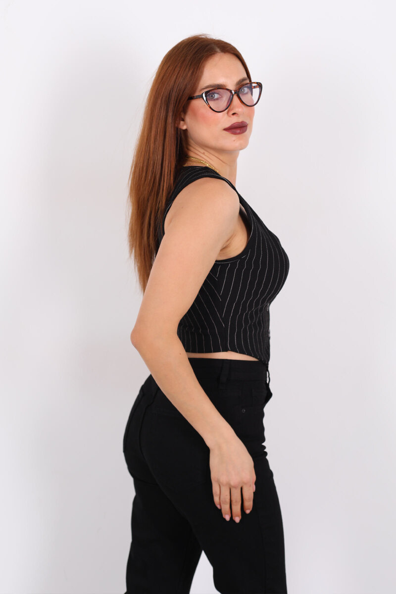 Çizgili Korse Siyah Kadın Crop Yelek - 4