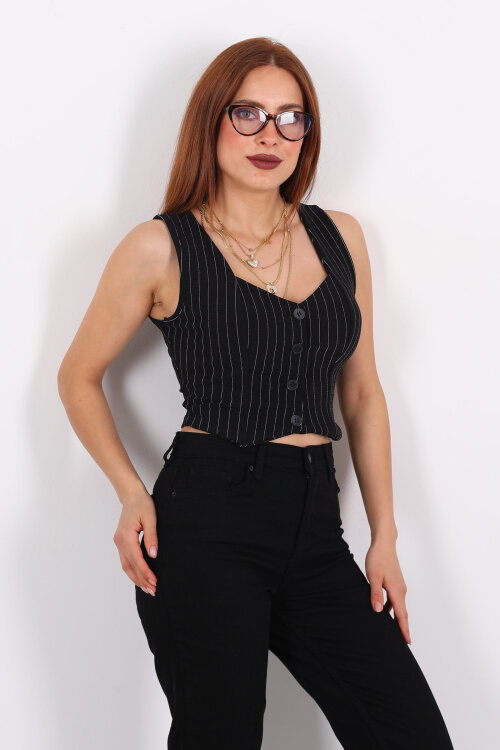 Çizgili Korse Siyah Kadın Crop Yelek - 5