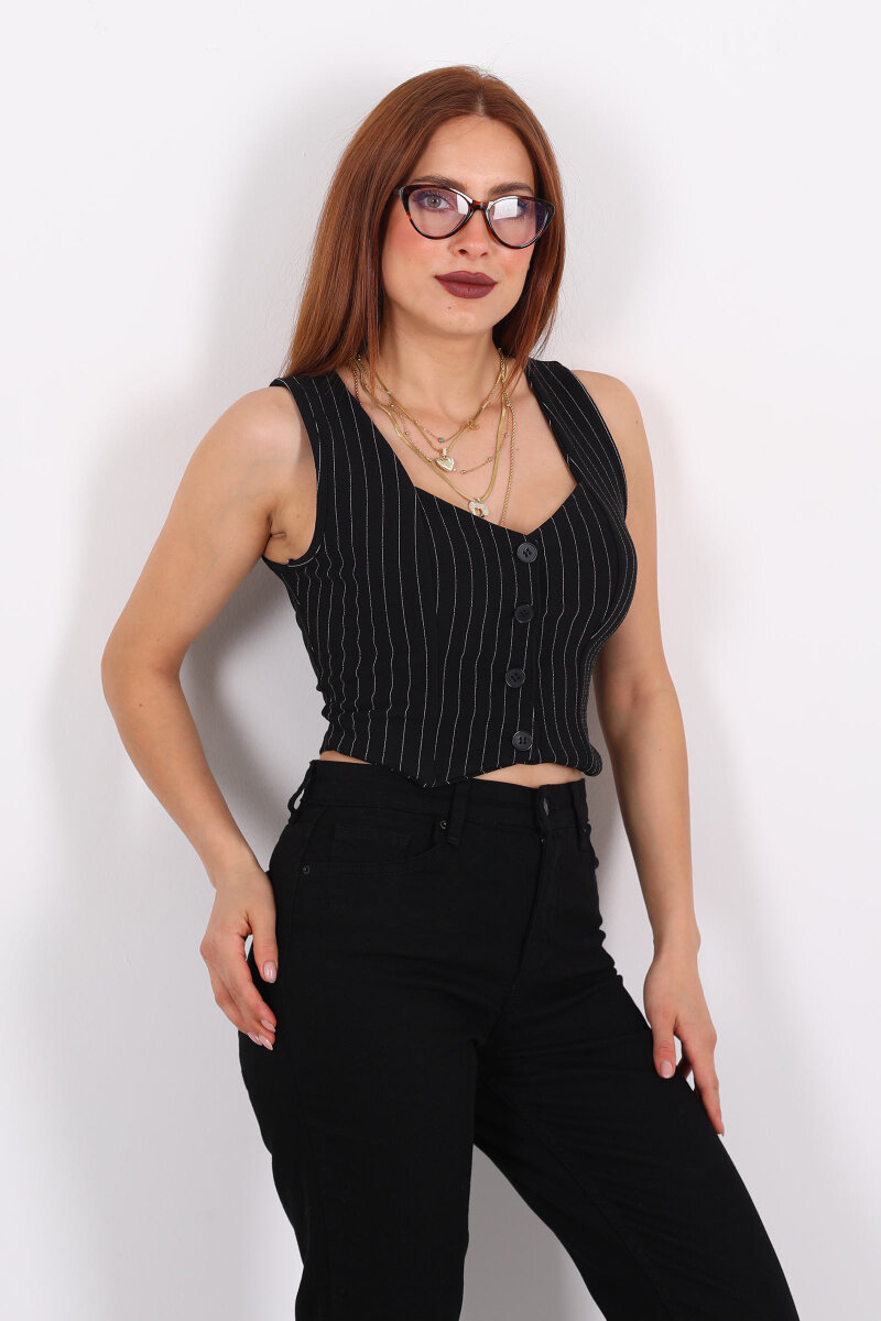 Çizgili Korse Siyah Kadın Crop Yelek - 5