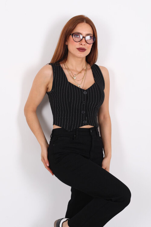 Çizgili Korse Siyah Kadın Crop Yelek - Berox