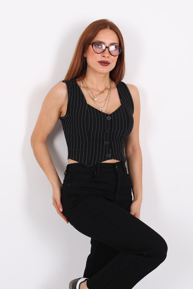 Çizgili Korse Siyah Kadın Crop Yelek - 1