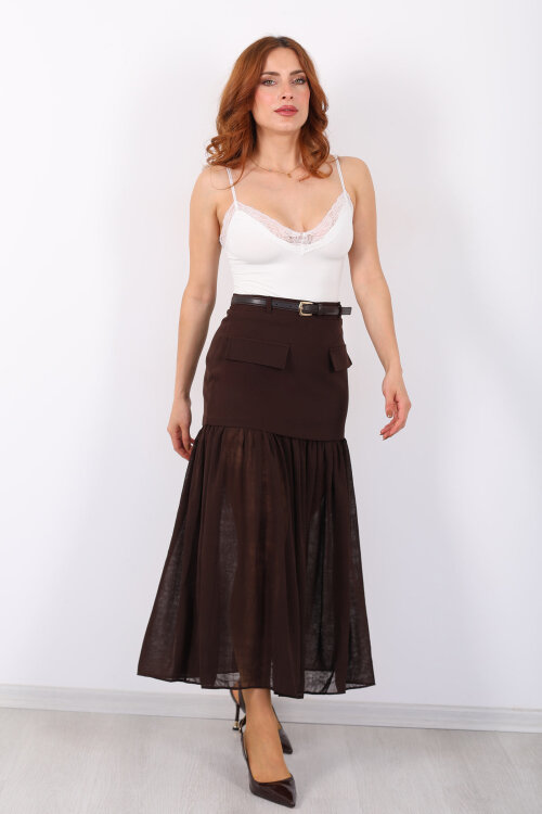 Coral Cepli Pilise Tüllü Kemerli Kahverengi Kadın Etek - 7
