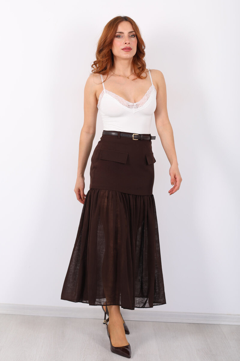 Coral Cepli Pilise Tüllü Kemerli Kahverengi Kadın Etek - 7