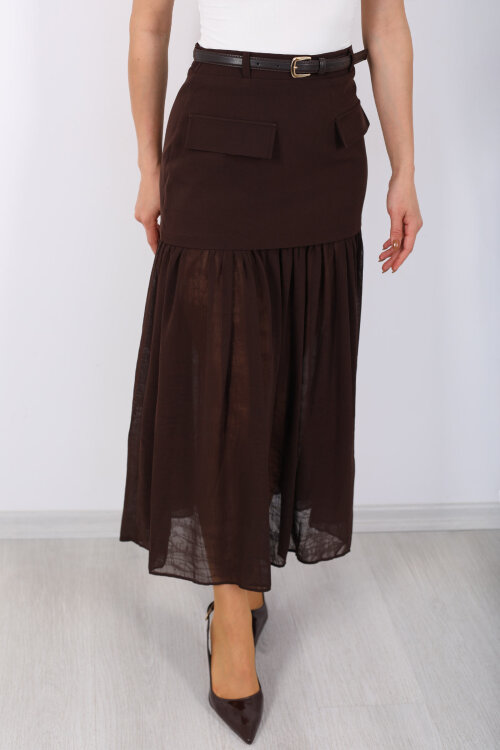 Coral Cepli Pilise Tüllü Kemerli Kahverengi Kadın Etek - Berox (1)