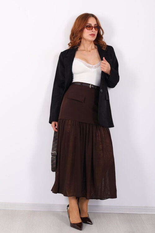 Coral Cepli Pilise Tüllü Kemerli Kahverengi Kadın Etek 