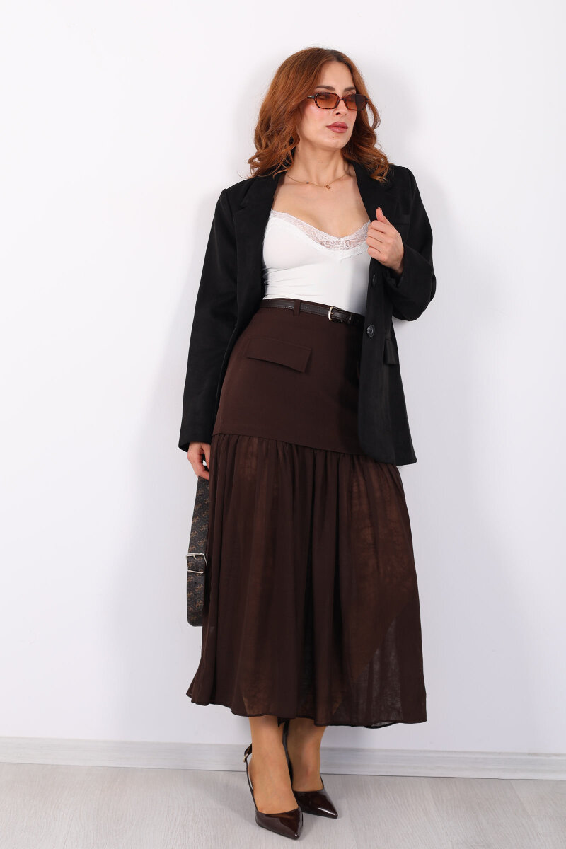 Coral Cepli Pilise Tüllü Kemerli Kahverengi Kadın Etek - 1