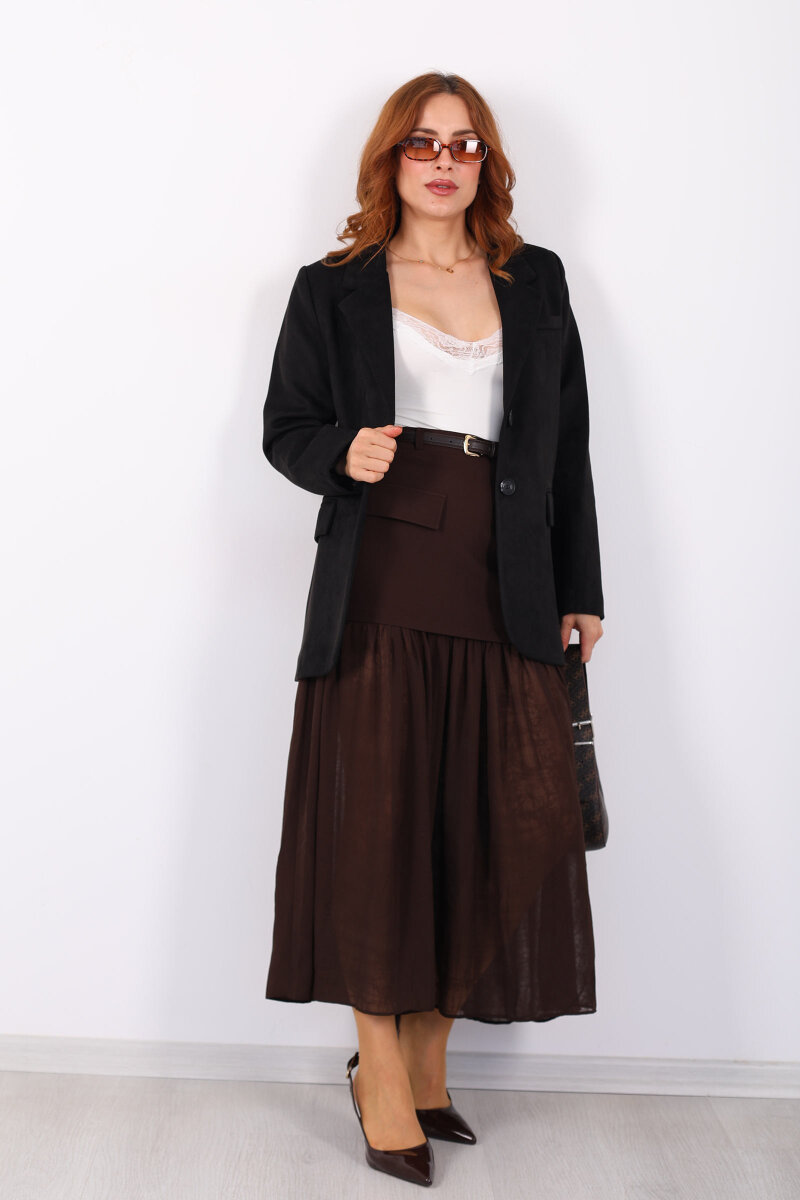 Coral Cepli Pilise Tüllü Kemerli Kahverengi Kadın Etek - 5