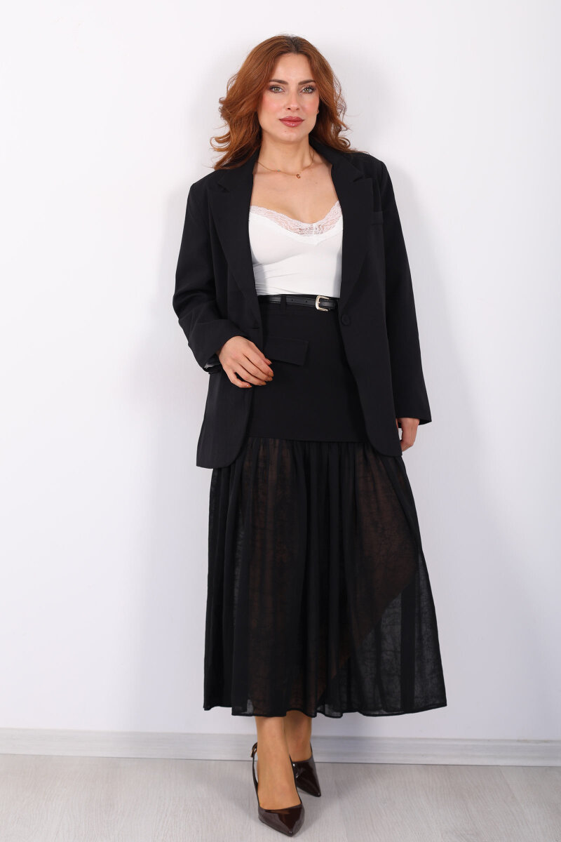 Coral Cepli Pilise Tüllü Kemerli Siyah Kadın Etek - 3