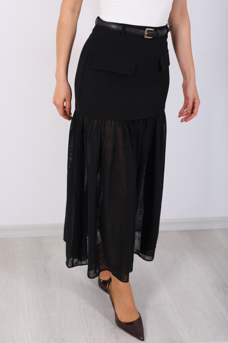 Coral Cepli Pilise Tüllü Kemerli Siyah Kadın Etek - 2